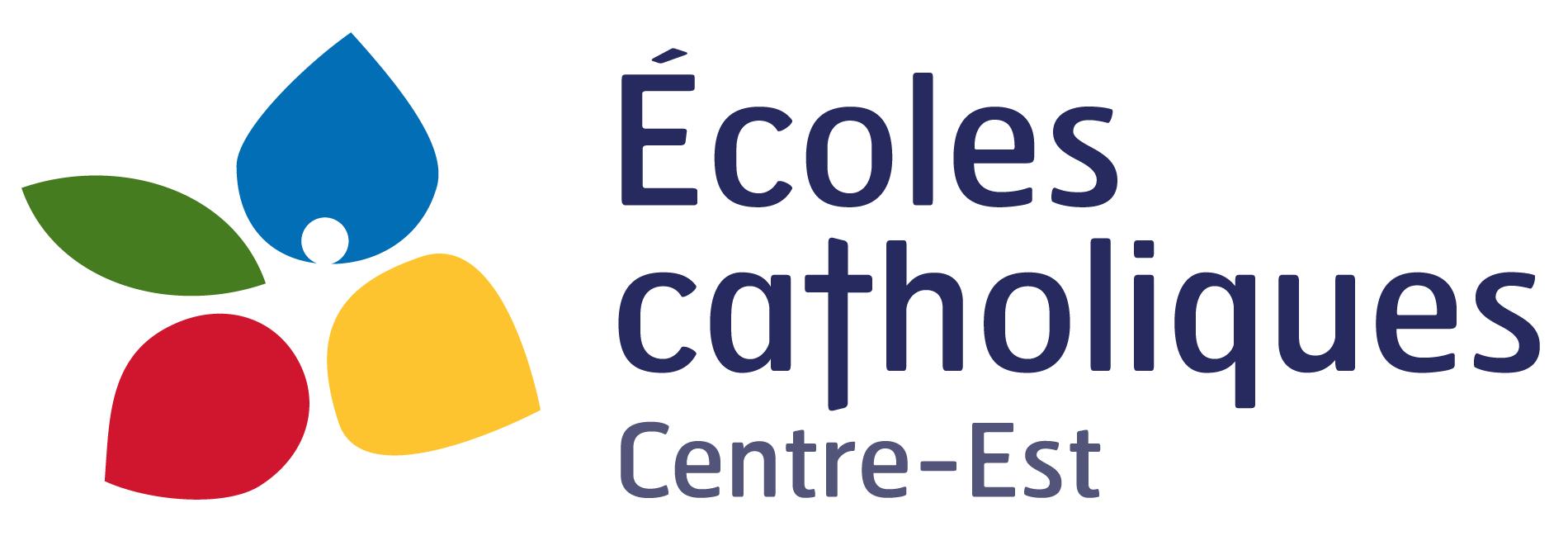 Logo des Écoles catholiques Centre-Est avec des formes colorées représentant une feuille verte, une goutte bleue, un fruit rouge et un fruit jaune.